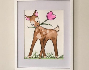 ORIGINAL Watercolor Painting, Baby Deer, Nursery Decor, Children's Wall Art, Gender Neutral, Baby Woodland Creatures, Baby Shower Gift,