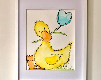 ORIGINAL Watercolor Painting, Baby Duck, Nursery Decor, Children's Wall Art, Gender Neutral, Baby Woodland Creatures, Baby Shower Gift,