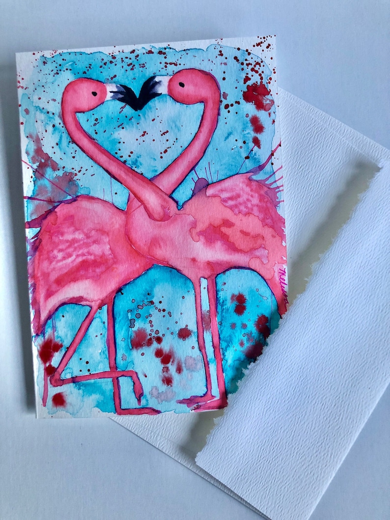 ORIGINAL Watercolor 5x7 Hand Painted Greeting Card Valentine/'s Day Card Anniversary Card Handmade Blank Cards Flamingos In Love