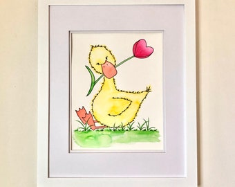 ORIGINAL Watercolor Painting, Baby Duck, Nursery Decor, Children's Wall Art, Gender Neutral, Baby Woodland Creatures, Baby Shower Gift,