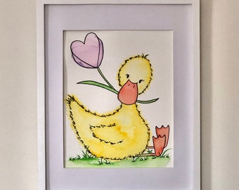 ORIGINAL Watercolor Painting, Baby Duck, Nursery Decor, Children's Wall Art, Gender Neutral, Baby Woodland Creatures, Baby Shower Gift,