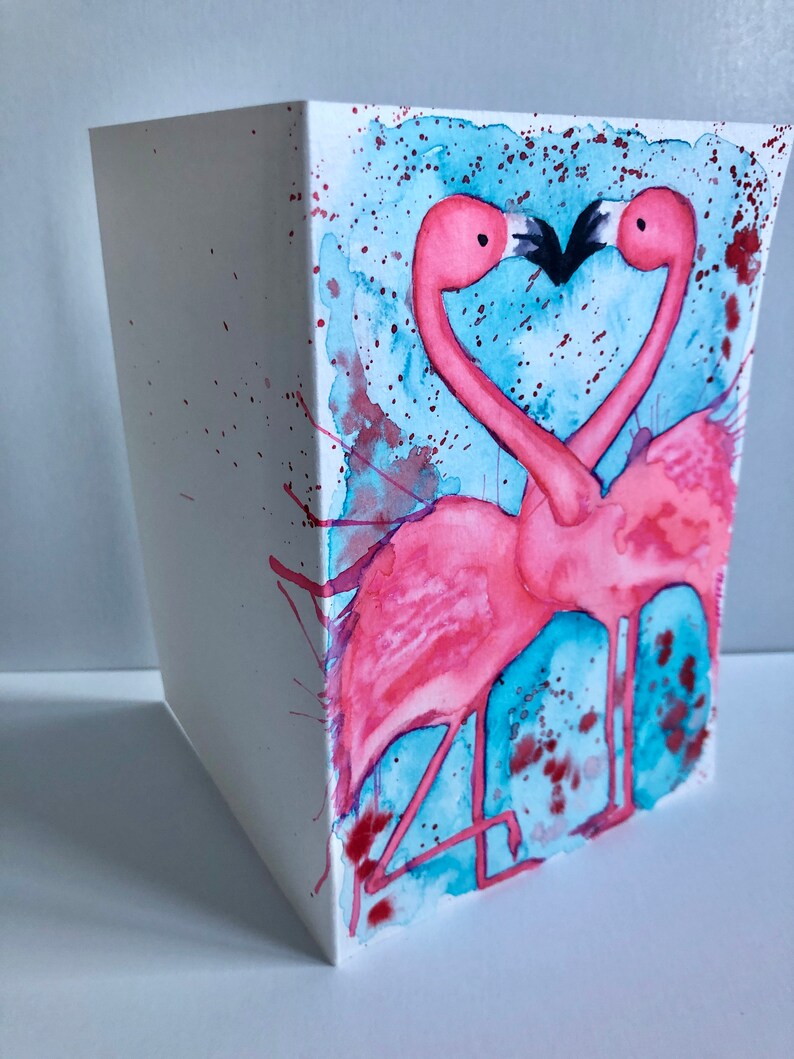 ORIGINAL Watercolor 5x7 Hand Painted Greeting Card Valentine/'s Day Card Anniversary Card Handmade Blank Cards Flamingos In Love