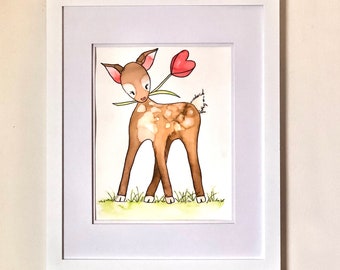 ORIGINAL Watercolor Painting, Baby Deer, Nursery Decor, Children's Wall Art, Gender Neutral, Baby Woodland Creatures, Baby Shower Gift,