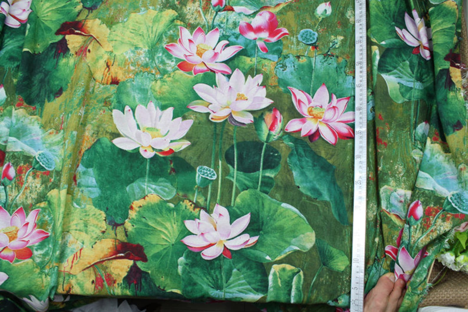 Lotus Fabric Floral Cotton Linen Fabric Water Painting Style Etsy