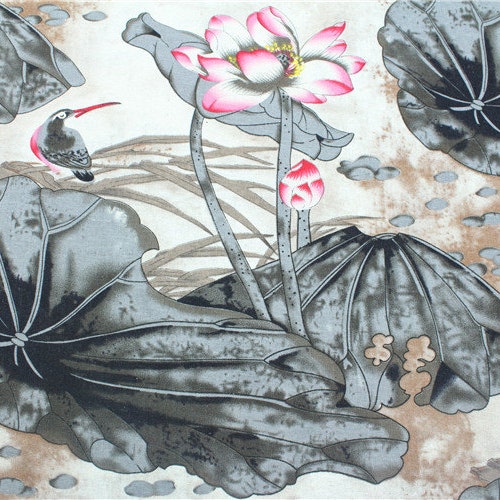 Lotus Fabric Floral Cotton Linen Fabric Water Painting Style Etsy