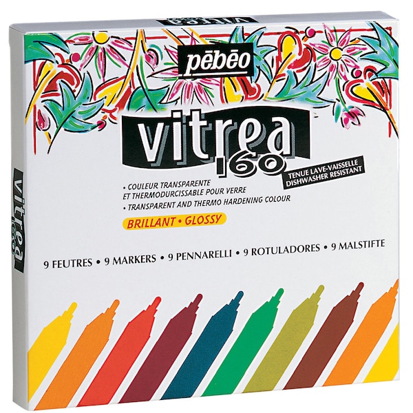 Pebeo Vitrea 160 Oven Bake Permanent Glass Paint Marker Pen Sets of 9 (Glossy or Frosted)