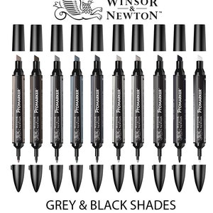 May include: Set of ten Winsor & Newton ProMarker alcohol-based markers in shades of gray and black. The markers are arranged in a row, with the caps facing the viewer. The brand name and product name are visible on the markers.