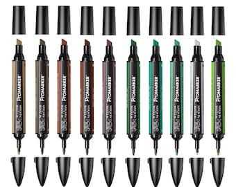 Winsor & Newton Twin Tip ProMarker Alcohol Marker Pens (Green and Brown Colours)
