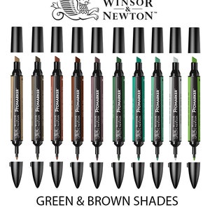 May include: Ten Winsor & Newton ProMarker dual-tip markers in green and brown shades. The markers are arranged in a row, with the caps off and the tips facing the viewer. The markers are labeled with the Winsor & Newton logo and the word "ProMarker".