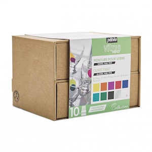 May include: A box of Pebeo Vitrea 160 glass paint in a set of 10 colours, each bottle is 45 ml. The box is brown and has a label with a picture of painted glasses and the text "Peinture pour verre" and "Glass Paint".