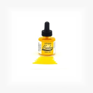 May include: A small bottle of golden yellow India ink by Dr. Ph. Martin's. The bottle has a dropper top and the label reads "Bombay Golden Yellow India Ink".