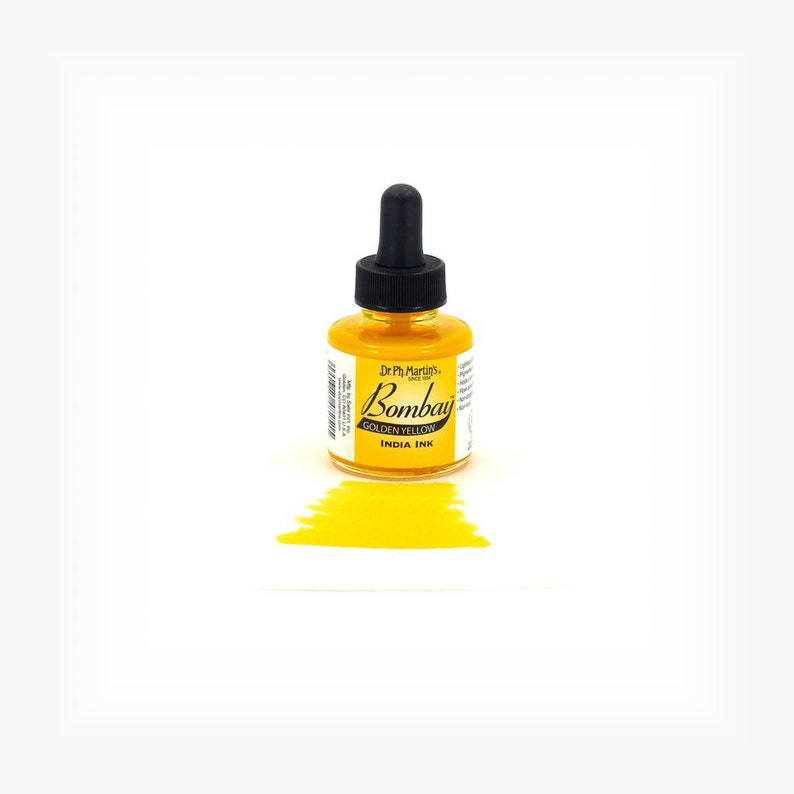 May include: A small bottle of golden yellow India ink by Dr. Ph. Martin's. The bottle has a dropper top and the label reads "Bombay Golden Yellow India Ink".