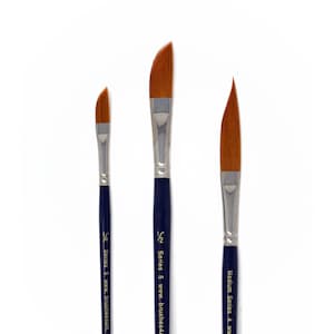 May include: Three paint brushes with blue handles and gold lettering. The brushes are labelled "1/2 Series 5 www.brushes4art.com" and "Medium Series 4 www.brushes4art.com".