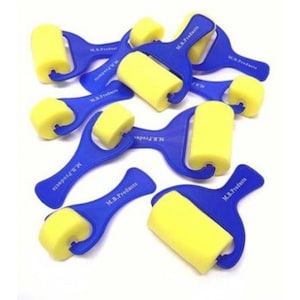 May include: A collection of blue handled paint rollers with yellow foam rollers. The handles are curved and feature the text "M.B. Products". These rollers are designed for applying paint or other liquids to surfaces.