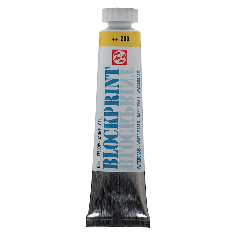 May include: A tube of yellow water-based block printing paint. The tube is labeled "Blockprint" and "Geel - Yellow - Jaune - Gelb". The label also says "Waterbasis - Water-Based - Base d'Eau - Wasserbasis".