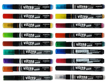 Könnte beinhalten: Ein Set mit 16  Farbstiften mit schwarzer Kappe und durchsichtigem Schaft. Die Stifte sind mit "vitrea 160" beschriftet und in verschiedenen Farben erhältlich, darunter Blau, Grün, Gelb, Rot, Orange, Lila und Schwarz.
