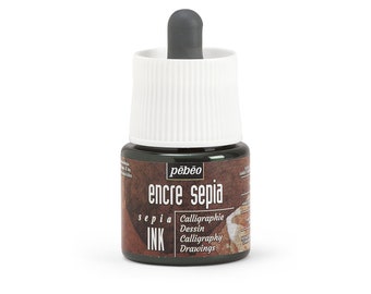 May include: A small bottle of Pebeo Sepia ink with a dropper top. The bottle is labeled "encre sepia" and "sepia ink". The ink is for calligraphy, drawing, and sketching.