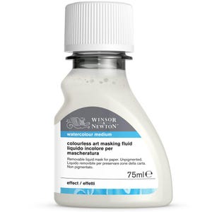 May include: A 75 ml bottle of Winsor & Newton colourless art masking fluid. The bottle is white with a black label and a white cap. The label says "Winsor & Newton" and "watercolour medium". The label also says "colourless art masking fluid", "liquido incolore per mascheratura", and "effect/effetti".
