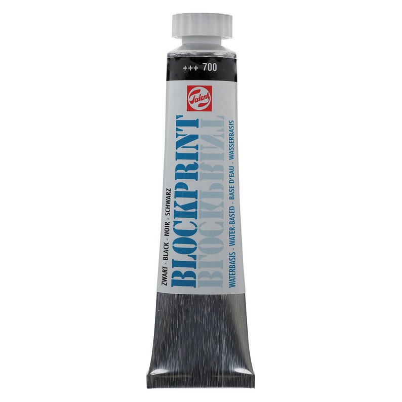 May include: A tube of black water-based block printing ink. The tube is labeled "Blockprint" in blue lettering and "Waterbasis - Water-Based - Base d'Eau - Wasserbasis" in smaller black lettering.