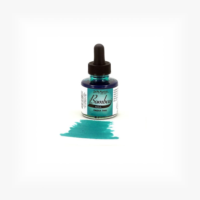 May include: A small bottle of Dr. Ph. Martin's Bombay Aqua India Ink in a teal color. The bottle has a dropper top and a label with the brand name and product information.