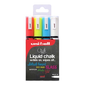 May include: A pack of four uni-ball Liquid Chalk markers in red, yellow, blue, and white. The packaging features the text "Liquid chalk writes on, wipes off..." and lists surfaces like blackboards and glass.