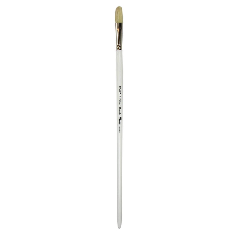 May include: A white filbert brush with a long, white handle. The brush is labelled "R447 6 Filbert Brush" and "Teal" on the handle.