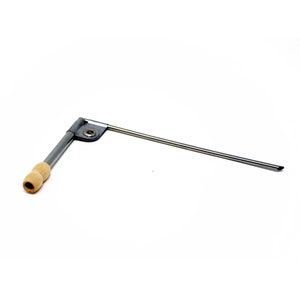 May include: A silver metal tool with a wooden handle. The tool has a long, thin shaft that is bent at a 90-degree angle. It is used for cleaning pipes.