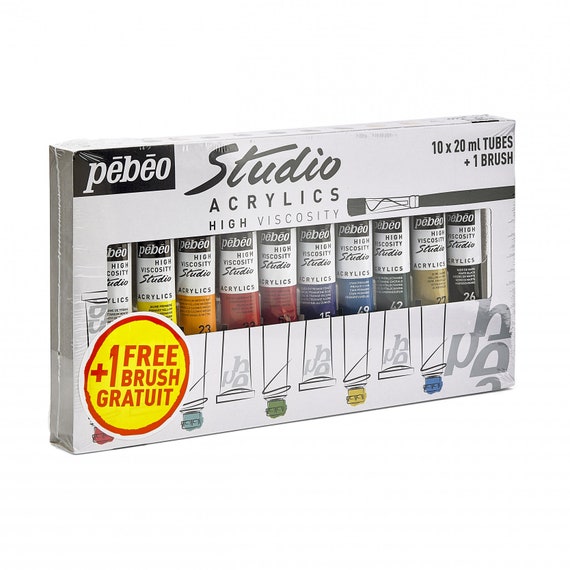 Pebeo Studio Acrylic Art and Craft Paint Set of 10 X 20ml Assorted Colours  & Brush 