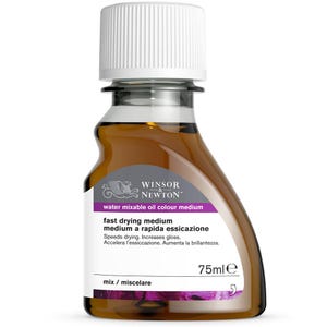 Könnte beinhalten: Eine braune Glasflasche mit Winsor & Newton Wassermischbarem Öl-Farbmedium. Die Flasche ist mit "schnelltrocknend" und "medium a rapida essicazione" beschriftet. Die Flasche ist 75 ml groß und hat einen weißen Verschluss.