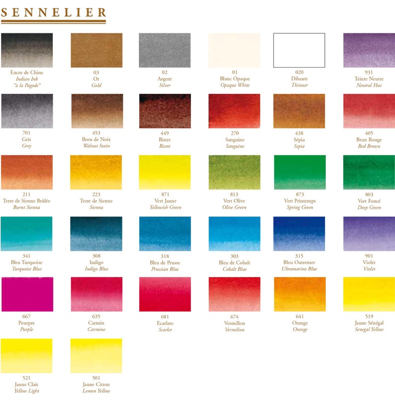 May include: A color chart of Sennelier watercolor paints, featuring a wide array of hues. The chart displays swatches of various colors, including blues, greens, reds, yellows, and browns, with each color labeled with its name and number. The Sennelier logo is at the top.