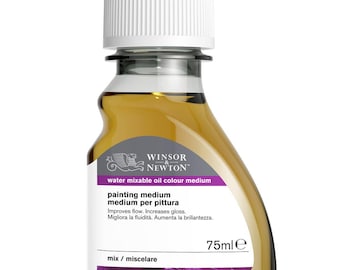 May include: A 75 ml bottle of Winsor & Newton water mixable oil colour medium. The bottle is clear and has a textured surface. The label is white with black text and a grey and white illustration of a griffin. The text on the label reads "Winsor & Newton water mixable oil colour medium, painting medium, medium per pittura, Improves flow. Increases gloss. Migliora la fluidità. Aumenta la brillantezza. 75 ml, mix/miscelare."