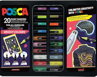 May include: A set of 20 Posca paint markers in a black box. The markers are arranged in a grid and include a variety of colors, including metallic, glitter, and neon. The box also features the text "Unlimited Creativity with Posca" and "Groovy Colors".