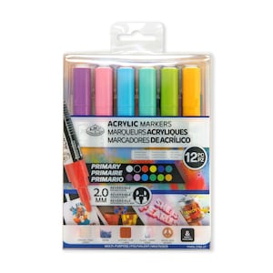Royal & Langnickel Juego primario de marcadores acrílicos con punta reversible de 2 mm, 12 colores
