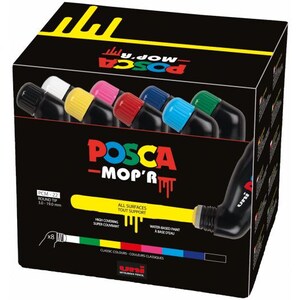 May include: A black box of POSCA MOP'R paint markers. The box features the brand name in red, yellow, and blue. The box contains eight markers with black bodies and caps in various colors. The box also shows a yellow marker with the text "ALL SURFACES".