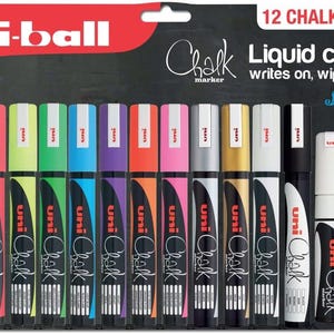 May include: A pack of 12 Uni-ball liquid chalk markers in a variety of colours. The markers have a medium line bullet tip and a broad line chisel tip. The package is water-resistant and non-toxic, suitable for blackboards, whiteboards, glass, mirror, plastic, and metal.