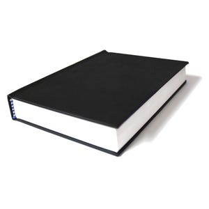 May include: A black hardcover book with a white spine and blue edging.