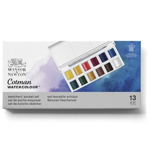May include: A Winsor & Newton Cotman Watercolour pocket set with 13 watercolour pans and a brush. The set is labelled "sketchers' pocket set, set de poche esquisse, set de bolsillo sketcher, set tascabile schizzo, Skizzier-Taschenset" and "13 PC/PZ".