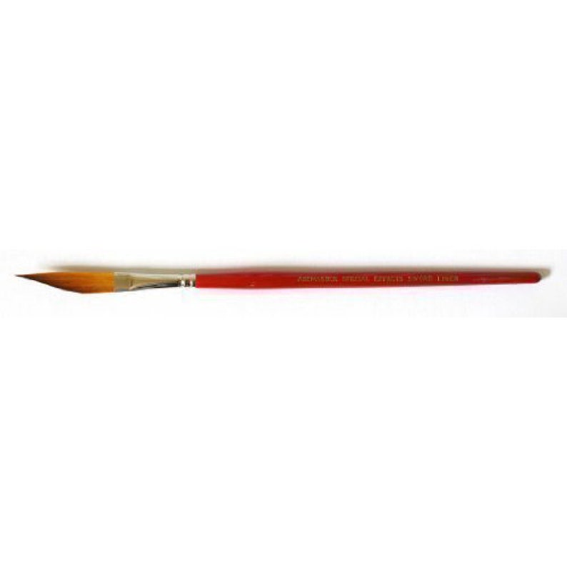 May include: A red handled paint brush with a long, thin, pointed bristle head. The brush is labeled "Artist's Brush, Extra Fine, Series 100".