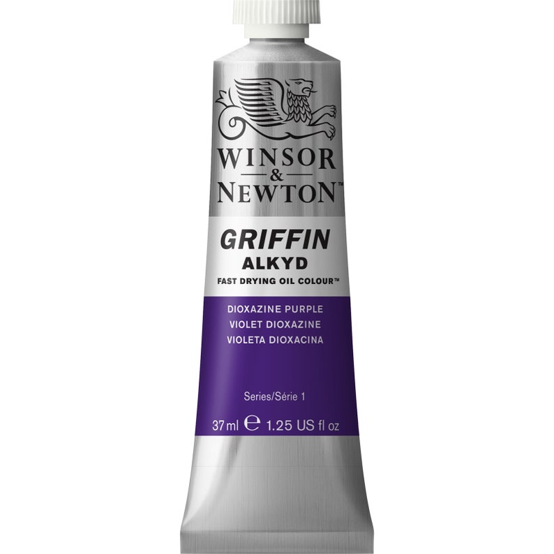 May include: A tube of Winsor & Newton Griffin Alkyd fast drying oil color in Dioxazine Purple. The tube is silver with a purple label and the text "Winsor & Newton Griffin Alkyd Fast Drying Oil Colour" and "Dioxazine Purple Violet Dioxazine Violeta Dioxacina" is printed on the label. The tube is 37 ml or 1.25 US fl oz.