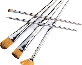 May include: A collection of artist paint brushes with silver handles and tan bristles. The brushes are arranged at various angles, showcasing different brush head shapes, including flat, pointed, and fan-shaped designs. The bristles are a light tan color.