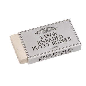May include: A rectangular, off-white kneaded putty rubber partially extended from its white and gray box. The box is labeled "Winsor & Newton" and "Large Kneaded Putty Rubber."