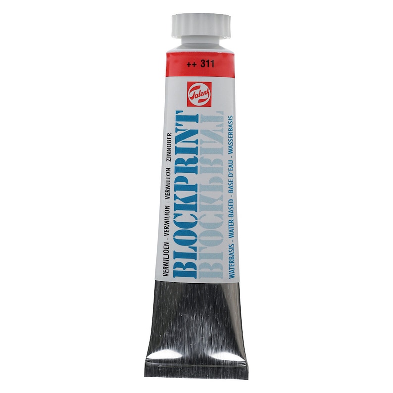 May include: A tube of red water-based block printing paint. The tube is labeled "Blockprint" and "Vermiljoen - Vermilion - Zinnober" and has the number "311" on it.