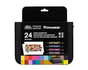 May include: A black carrying case with a set of 24 Winsor & Newton ProMarker alcohol-based markers. The case has a zipper closure and a handle. The markers are arranged in a grid pattern and are labeled with their color names. The case also includes a small illustration of a colorful patchwork sofa.