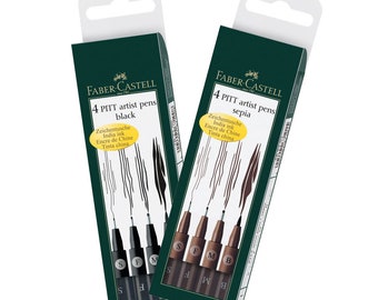 Faber-Castell PITT Artist Pens Set of 4, Assorted Sizes, Black or Sepia