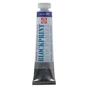 May include: A tube of Talens Blockprint water-based paint in the color deep blue. The tube is labeled with the color name in multiple languages, including English, French, German, Spanish, and Dutch. The tube also has the number 502 printed on it.