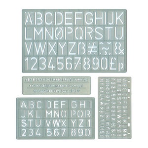 May include: A collection of gray plastic stencils featuring uppercase and lowercase alphabets, numbers, and symbols. The stencils are designed for creating consistent lettering and numbering in various craft and design projects. Includes multiple sizes and styles.