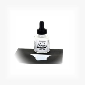 May include: A small glass bottle of white Bombay India ink by Dr. Ph. Martin's. The bottle has a black dropper cap and a white label with black text.