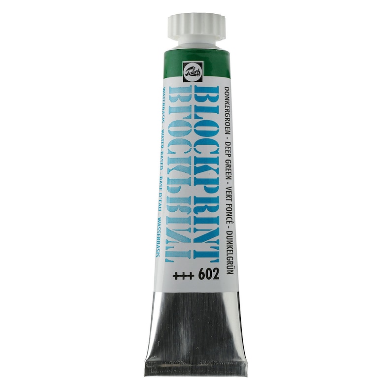 May include: A tube of Block Print water-based paint in the color deep green. The tube is labeled with the color name in English, German, French, and Dutch. The tube is also labeled with the number 602.