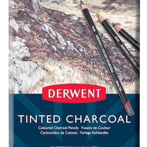 May include: A set of 12 Derwent Tinted Charcoal pencils in a blue and red box. The pencils are colored charcoal pencils, and the box has a drawing of a landscape on the front. The text on the box reads "Derwent Tinted Charcoal" and "Professional Quality".