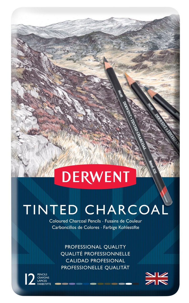 May include: A set of 12 Derwent Tinted Charcoal pencils in a blue and red box. The pencils are colored charcoal pencils, and the box has a drawing of a landscape on the front. The text on the box reads "Derwent Tinted Charcoal" and "Professional Quality".